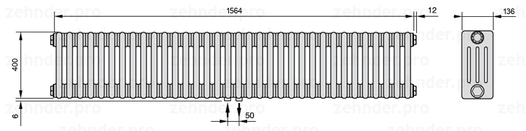 Схема (чертеж) Радиатор Zehnder Charleston 4040/34 №3470 Белый глянцевый RAL 9016
